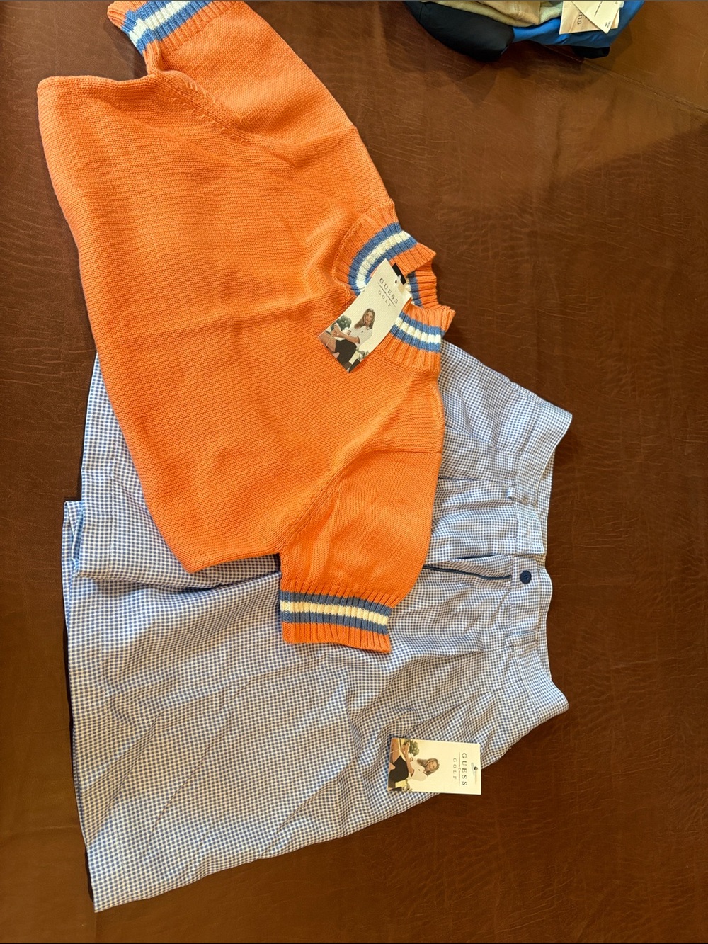 Guess Orange Knit Top with Blue and White Stripe Trim